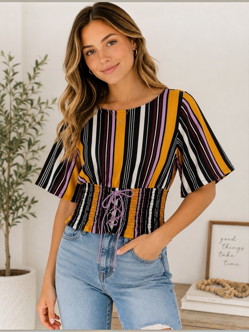 Urban Girl Striped Crop Top Juniors Large NWT Smocked Waist Tie Front Boho